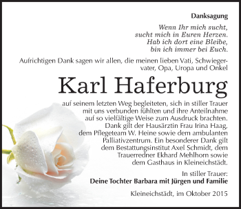Traueranzeige von Karl Haferburg von Mitteldeutsche Zeitung Merseburg/Querfurt