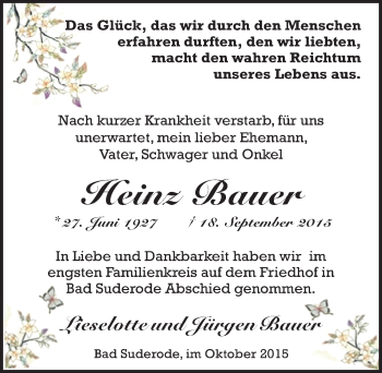 Traueranzeige von Heinz Bauer von Mitteldeutsche Zeitung Quedlinburg