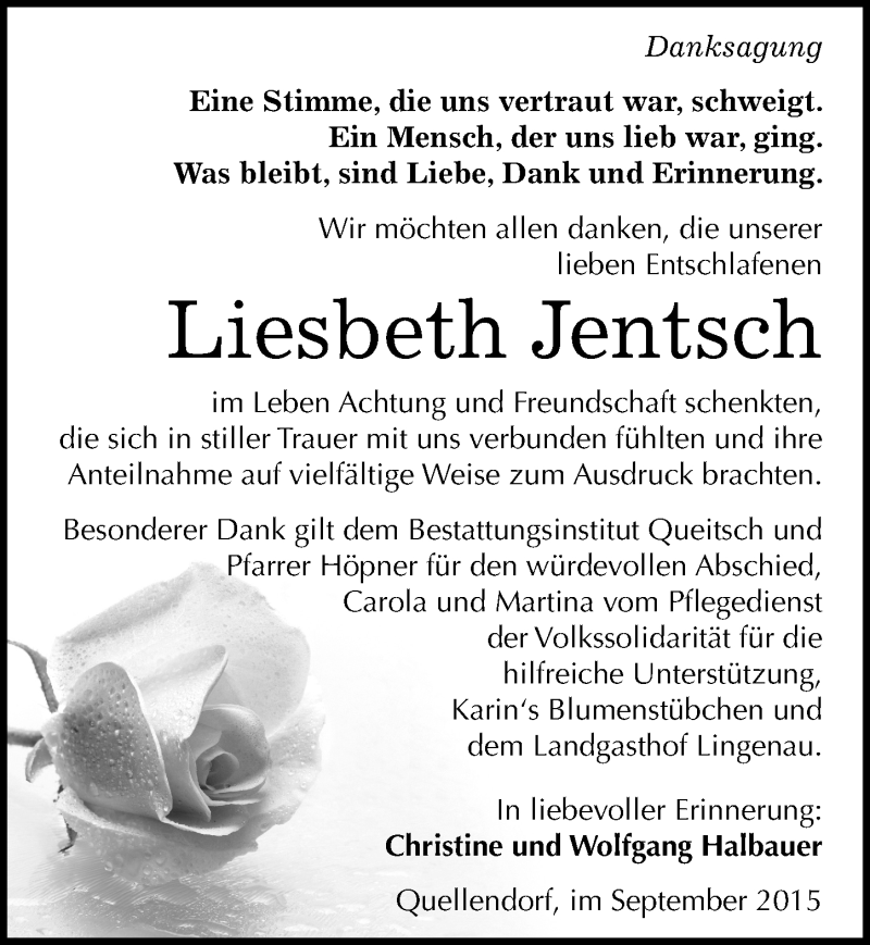  Traueranzeige für Liesbeth Jentsch vom 03.10.2015 aus Mitteldeutsche Zeitung Köthen