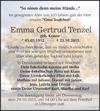 Traueranzeige von Emma Gertrud Tenzel von WVG - Wochenspiegel SGH