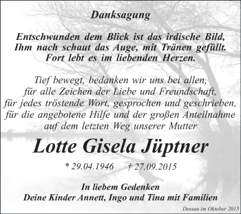 Traueranzeige von Lotte Gisela Jüptner von WVG - Wochenspiegel Dessau / Köthen