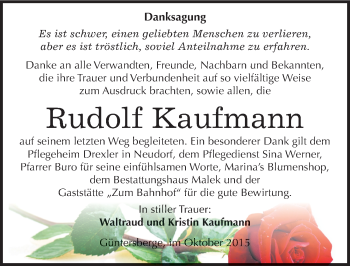Traueranzeige von Rudolf Kaufmann von Mitteldeutsche Zeitung Quedlinburg