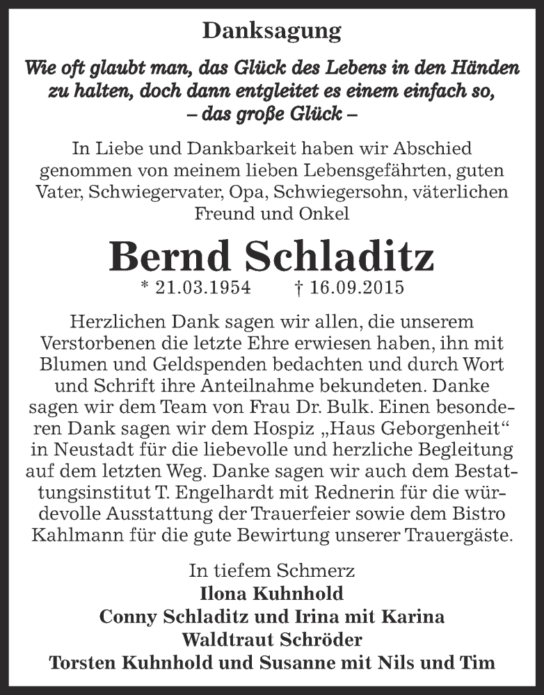  Traueranzeige für Bernd Schladitz vom 10.10.2015 aus Super Sonntag SGH Mansf. Land