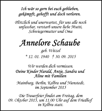 Traueranzeige von Annelore Schaube von Mitteldeutsche Zeitung Sangerhausen