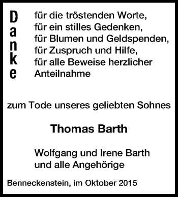 Traueranzeige von Thomas Barth von Mitteldeutsche Zeitung Quedlinburg