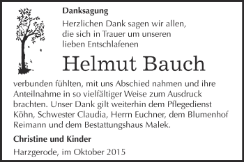 Traueranzeige von Helmut Bauch von WVG - Wochenspiegel Quedlinburg