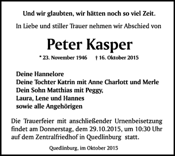 Traueranzeige von Peter Kasper von WVG - Wochenspiegel Quedlinburg
