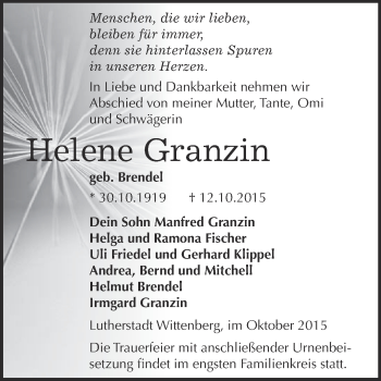 Traueranzeige von Helene Granzin von WVG - Wochenspiegel Wittenberg