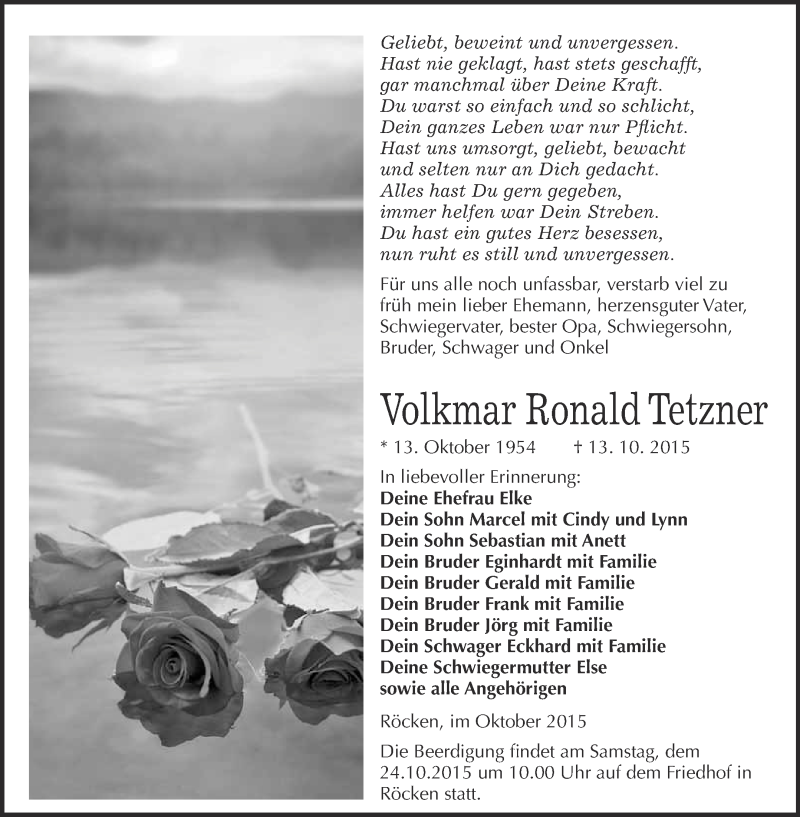  Traueranzeige für Volkmar Ronald Tetzner vom 21.10.2015 aus Super Sonntag Merseburg
