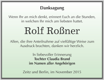 Traueranzeige von Rolf Roßner von Super Sonntag Zeitz