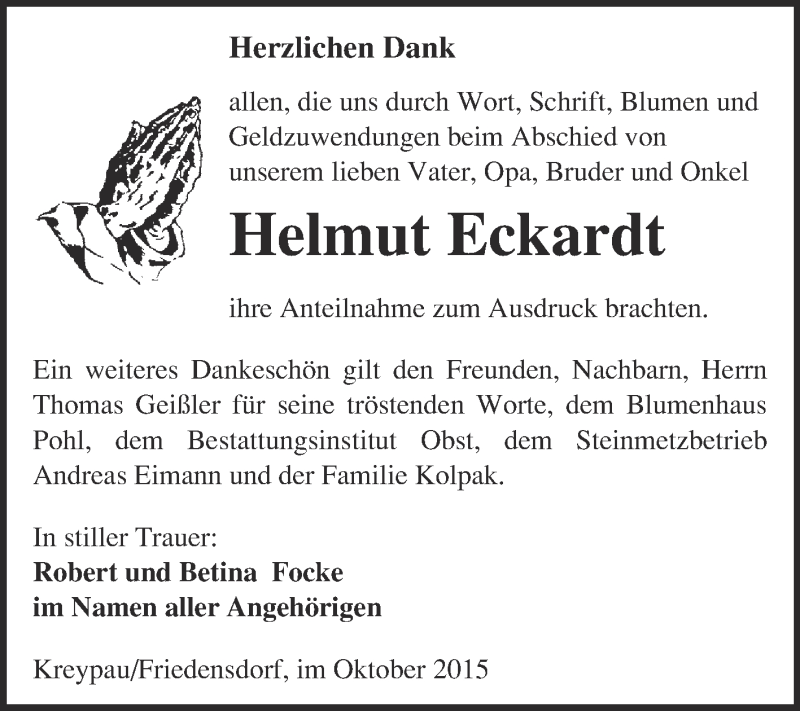  Traueranzeige für Helmut Eckardt vom 31.10.2015 aus Super Sonntag Merseburg