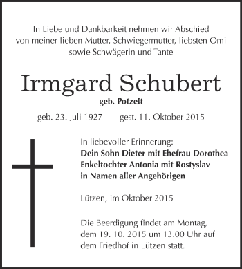 Traueranzeige von Irmgard Schubert von Super Sonntag Merseburg