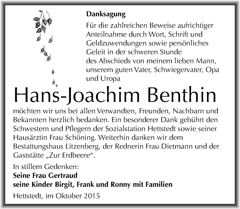  Traueranzeige für Hans-Joachim Benthin vom 10.10.2015 aus Mitteldeutsche Zeitung Mansfelder Land