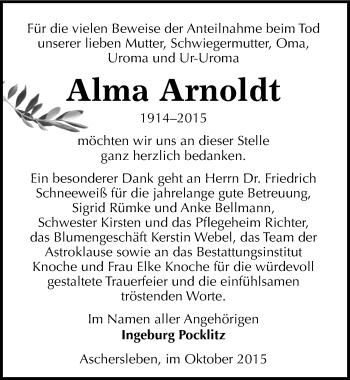 Traueranzeige von Alma Arnoldt von Mitteldeutsche Zeitung Aschersleben