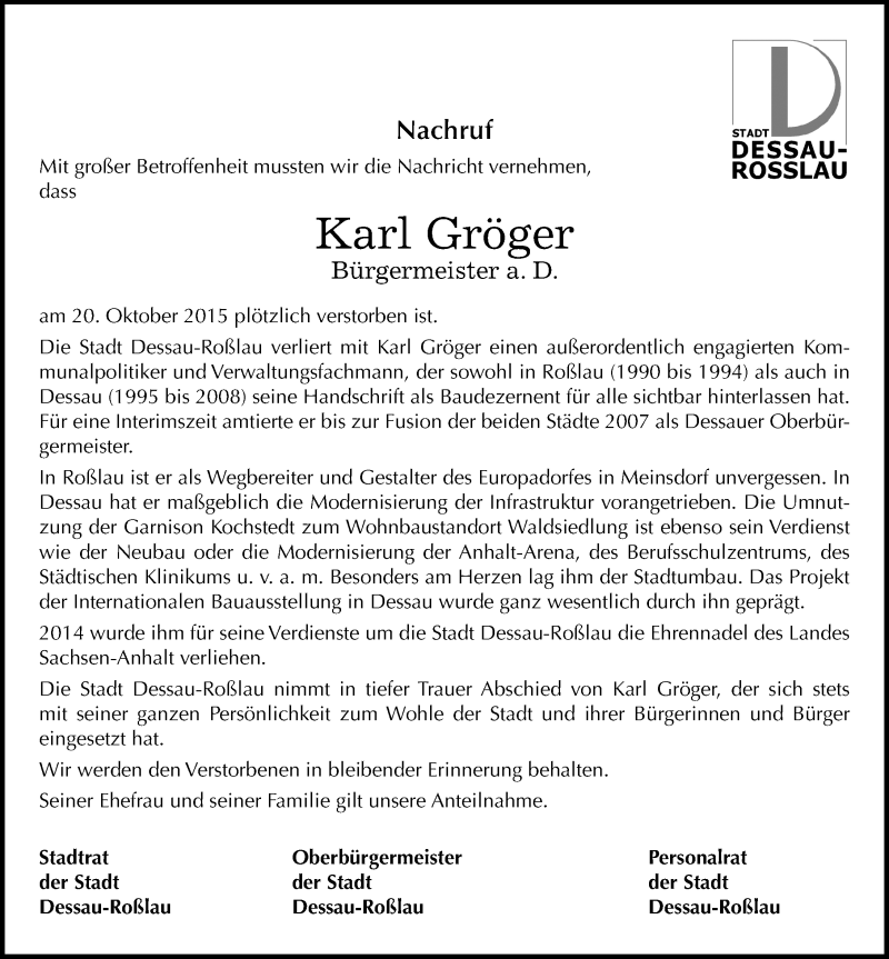  Traueranzeige für Karl Gröger vom 30.10.2015 aus Mitteldeutsche Zeitung Dessau-Roßlau