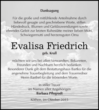 Traueranzeige von Evalisa Friedrich von WVG - Wochenspiegel Dessau / Köthen
