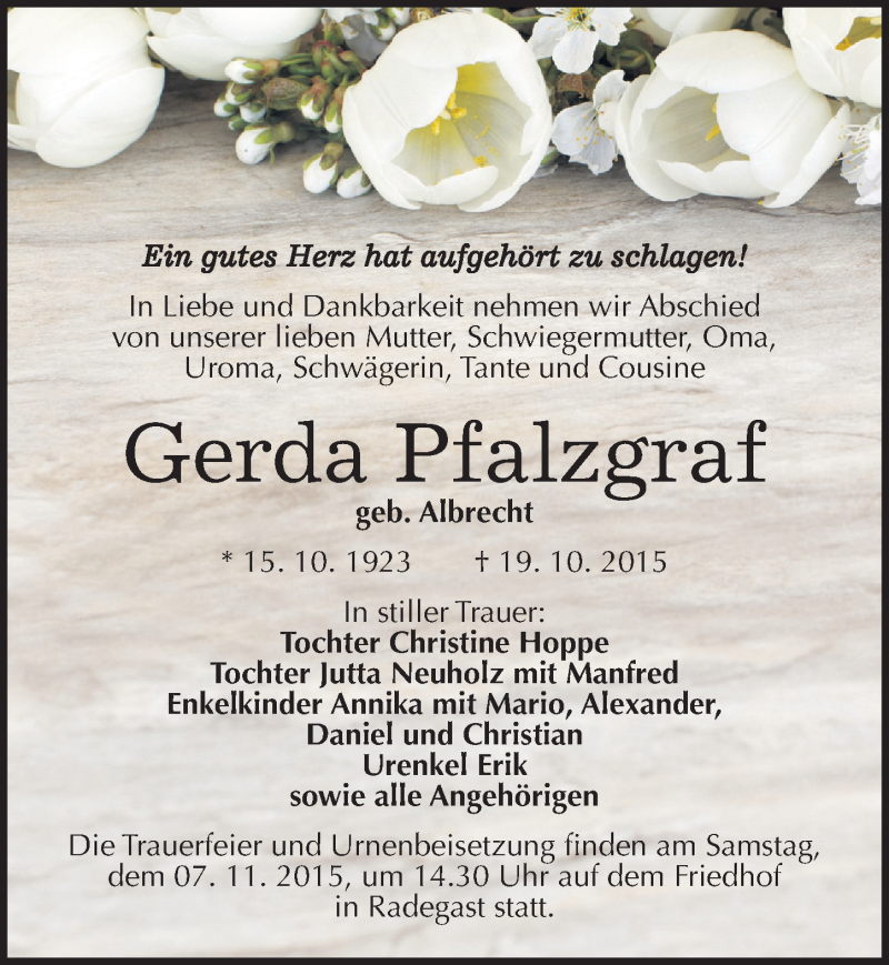  Traueranzeige für Gerda Pfalzgraf vom 30.10.2015 aus Mitteldeutsche Zeitung Köthen