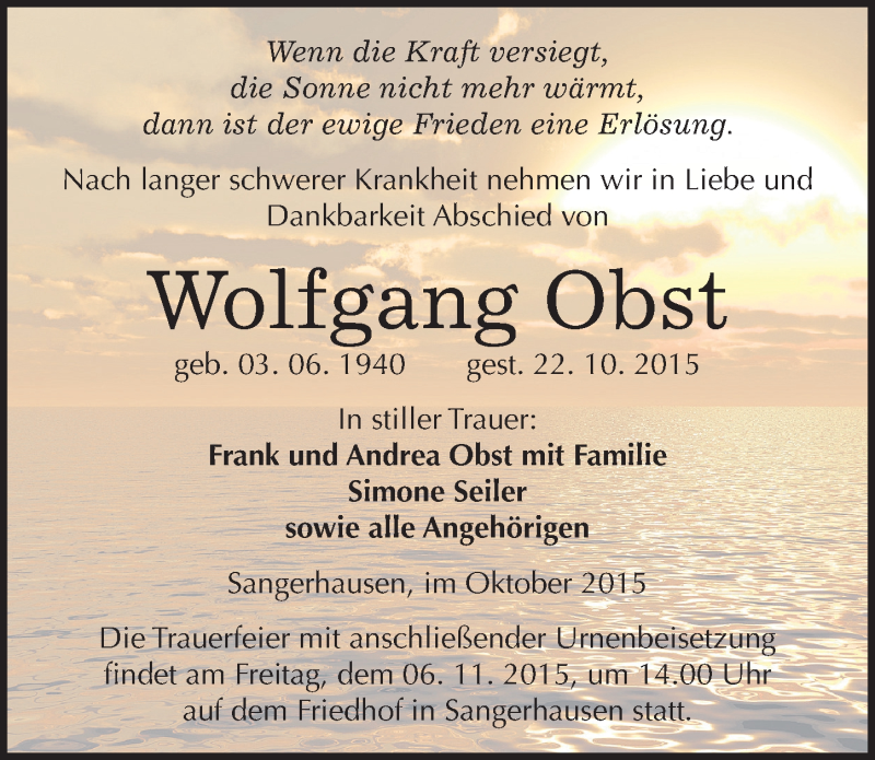  Traueranzeige für Wolfgang Obst vom 28.10.2015 aus Mitteldeutsche Zeitung Sangerhausen