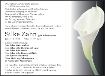 Traueranzeige von Silke Zahn von WVG - Wochenspiegel NMB / WSF / ZTZ