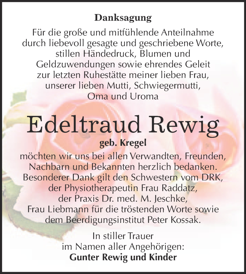  Traueranzeige für Edeltraud Rewig vom 24.10.2015 aus Super Sonntag Wittenberg