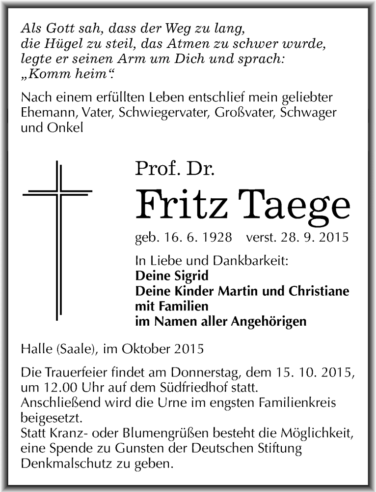  Traueranzeige für Fritz Taege vom 03.10.2015 aus Mitteldeutsche Zeitung Halle/Saalkreis