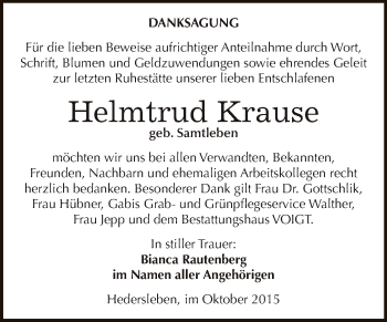Traueranzeige von Helmtrud Krause von Super Sonntag SGH Mansf. Land