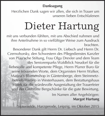 Traueranzeige von Dieter Hartung von WVG - Wochenspiegel Quedlinburg