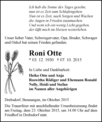 Traueranzeige von Roni Otte von Mitteldeutsche Zeitung Sangerhausen