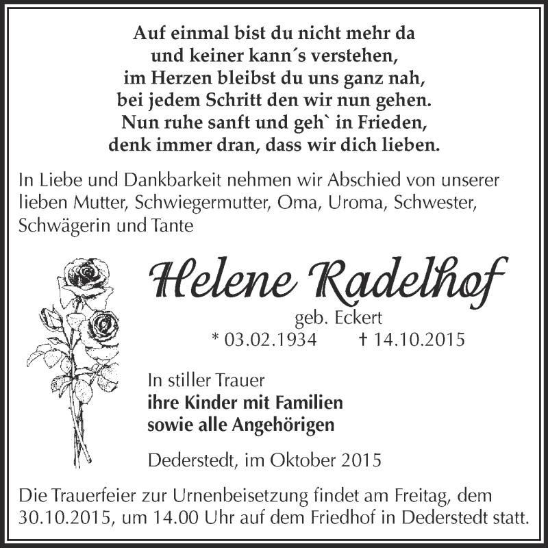  Traueranzeige für Helene Radelhof vom 24.10.2015 aus Super Sonntag SGH Mansf. Land