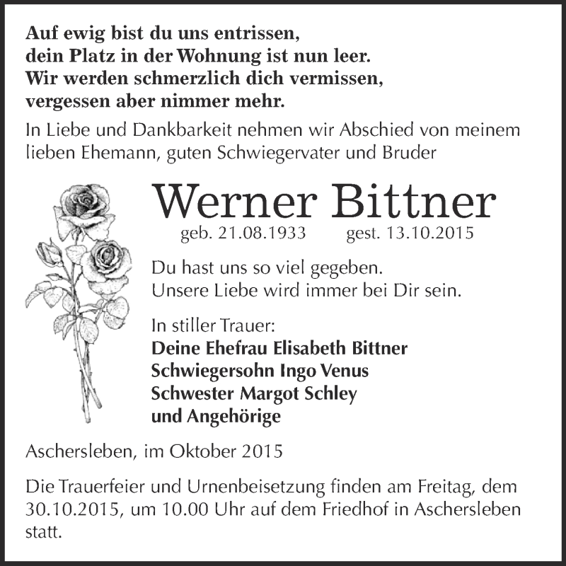  Traueranzeige für Werner Bittner vom 21.10.2015 aus Super Sonntag Aschersleben