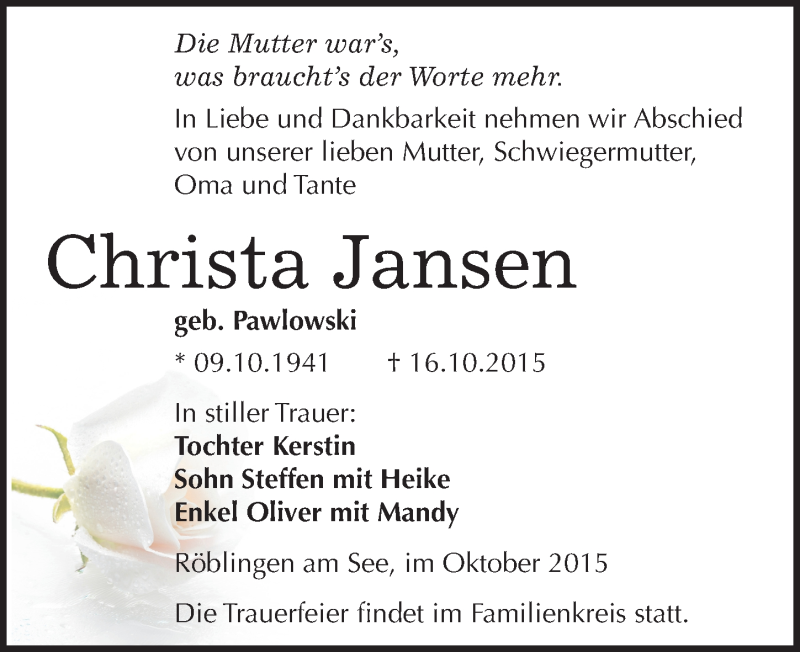  Traueranzeige für Christa Jansen vom 22.10.2015 aus Mitteldeutsche Zeitung Mansfelder Land