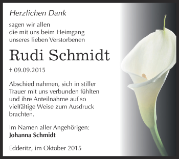 Traueranzeige von Rudi Schmidt von WVG - Wochenspiegel Dessau / Köthen