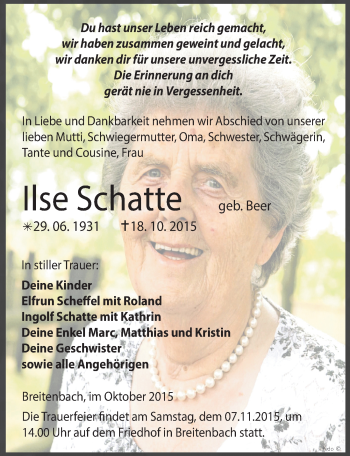 Traueranzeige von Ilse Schatte von Mitteldeutsche Zeitung Zeitz