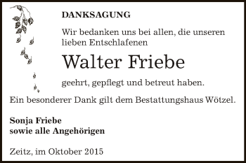 Traueranzeige von Walter Friebe von Super Sonntag Zeitz