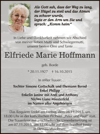 Traueranzeige von Elfriede Marie Hoffmann von WVG - Wochenspiegel Dessau / Köthen