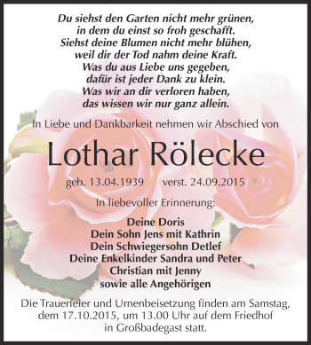 Traueranzeige von Lothar Rölecke von WVG - Wochenspiegel Dessau / Köthen