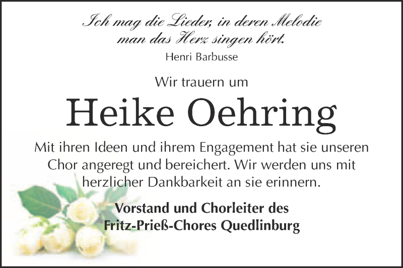  Traueranzeige für Heike Oehring vom 14.10.2015 aus Super Sonntag Quedlinburg