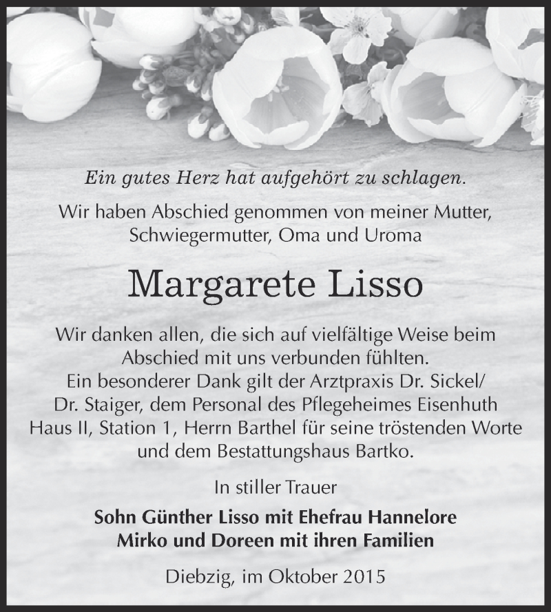  Traueranzeige für Margarete Lisso vom 14.10.2015 aus WVG - Wochenspiegel Dessau / Köthen