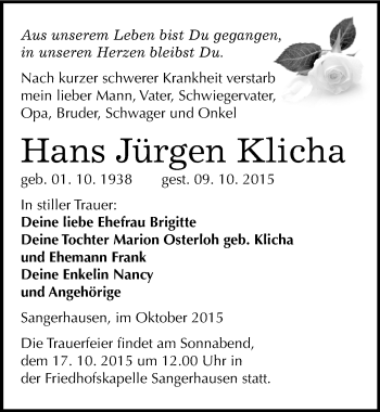Traueranzeige von Hans Jürgen Klicha von Mitteldeutsche Zeitung Sangerhausen