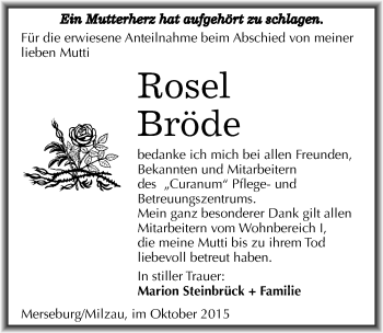 Traueranzeige von Rosel Bröde von Mitteldeutsche Zeitung Merseburg/Querfurt