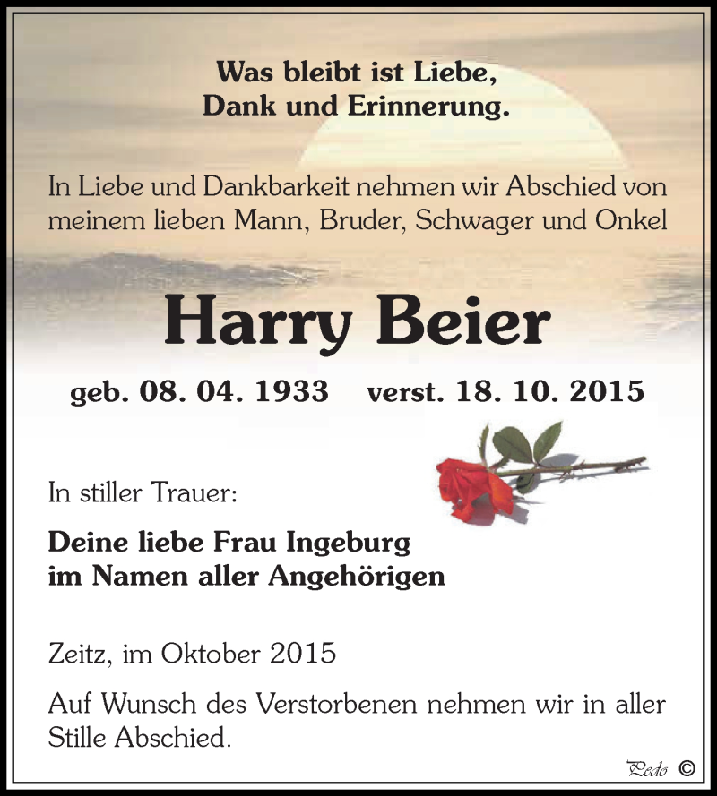  Traueranzeige für Harry Beier vom 24.10.2015 aus Super Sonntag Zeitz