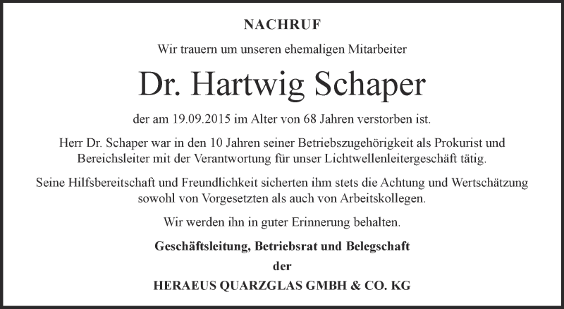  Traueranzeige für Hartwig Schaper vom 14.10.2015 aus WVG - Wochenspiegel Bitterfeld