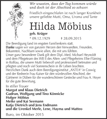 Traueranzeige von Hilda Möbius von Super Sonntag Wittenberg