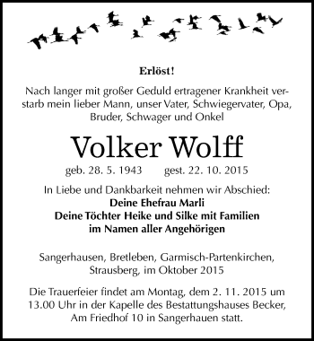 Traueranzeige von Volker Wolff von Mitteldeutsche Zeitung Sangerhausen