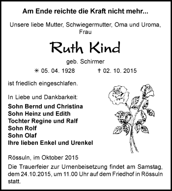 Traueranzeige von Ruth Kind von WVG - Wochenspiegel NMB / WSF / ZTZ