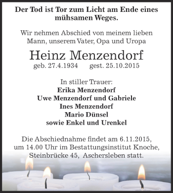 Traueranzeige von Heinz Menzendorf von Super Sonntag Aschersleben