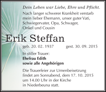 Traueranzeige von Erik Steffan von Mitteldeutsche Zeitung Merseburg/Querfurt