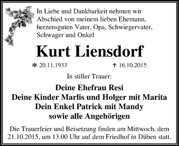 Traueranzeige von Kurt Liensdorf von Mitteldeutsche Zeitung Wittenberg
