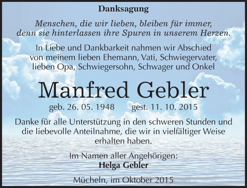  Traueranzeige für Manfred Gebler vom 30.10.2015 aus Mitteldeutsche Zeitung Merseburg/Querfurt