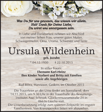 Traueranzeige von Ursula Wildenhein von Mitteldeutsche Zeitung Naumburg/Nebra